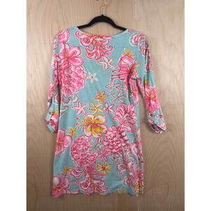 Lilly Pulitzer XS Pink Blue Floral 3/4 Sleeve Henley Tunic Top Peru